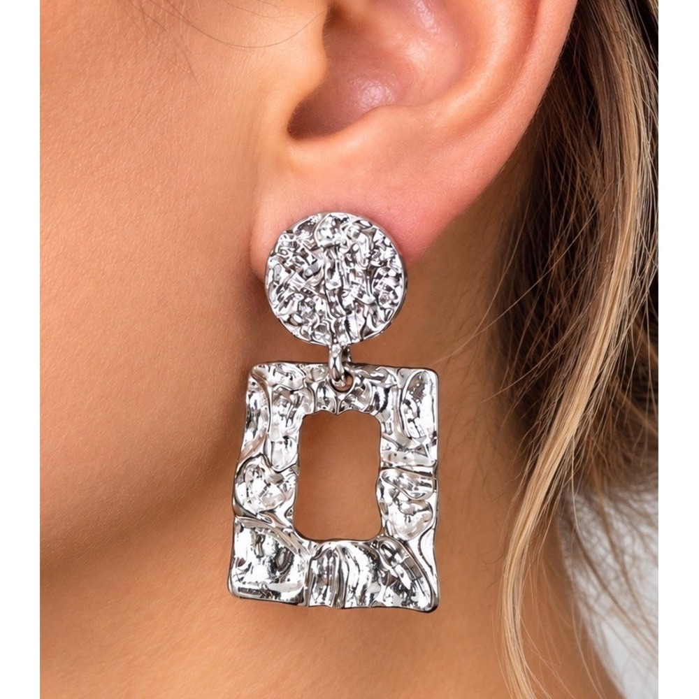 Y2K Silver Tone Womens Chunky Textured Geometric Dangle Statement Earrings